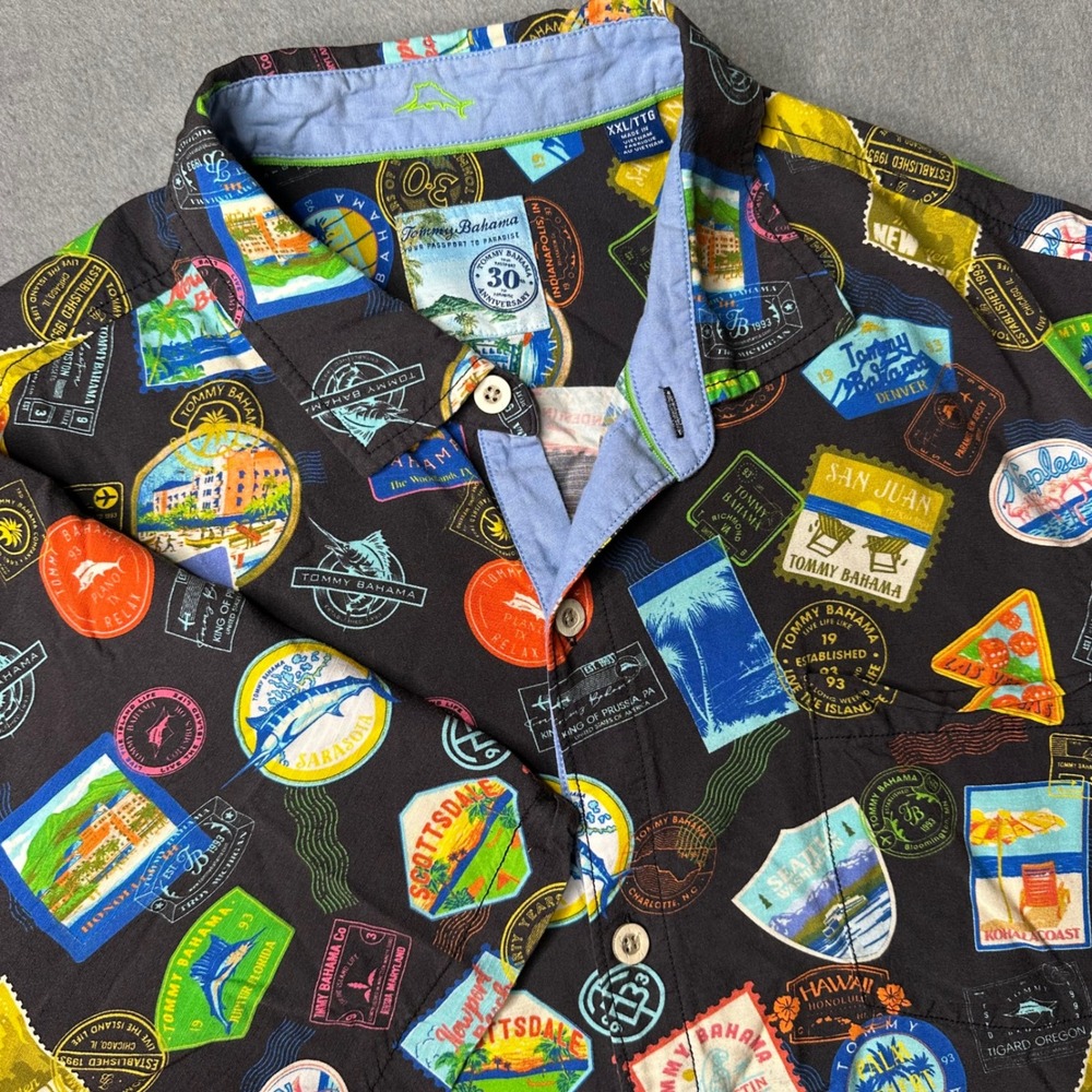 Tommy‎ Bahama Button Up Shirt Mens XXL Black Passport Stamp 30th Anniversary